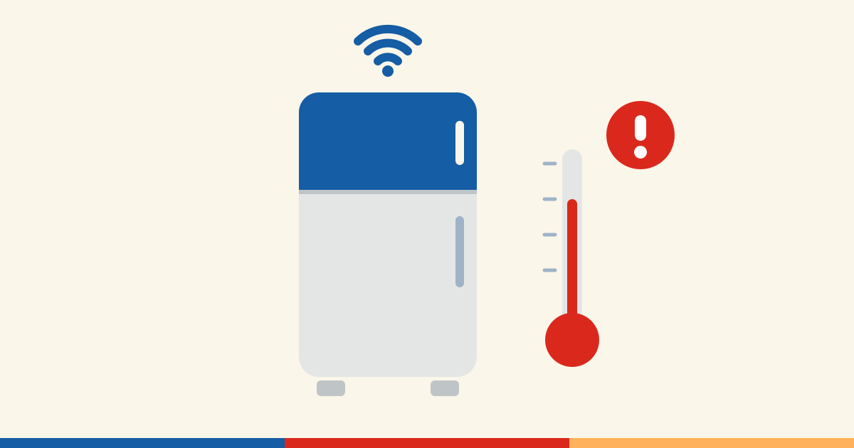 Illustration d'un réfrigérateur connecté à Internet, avec un thermomètre rouge et un signal d'alerte